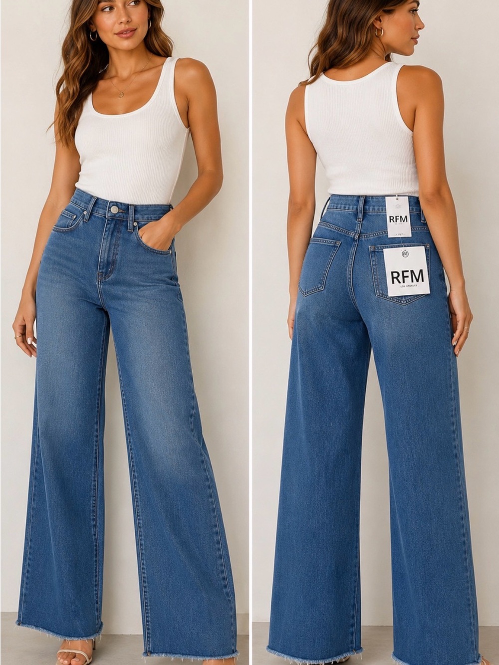RFM Los Angeles NWT Blue High Rise Wide Leg Raw Hem Jeans 15/32